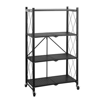 Black 4 Layer Folding Mobile Steel Shelving Unit Paint Spraying
